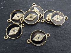 Enamel Evil Eye Charm Pendant Connector, Black Evil Eye CZ Rhinestone Pendant, Good Luck Charm, Gold Plated