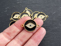 Enamel Evil Eye Charm Pendant Connector, Black Evil Eye CZ Rhinestone Pendant, Good Luck Charm, Gold Plated