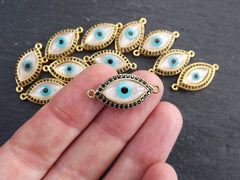 Evil Eye Charm Bracelet Connector, White Elipse Eye Pendant, Protective Talisman, Black Rhinestone Pave, Shiny 22k Gold Plated, 1PC