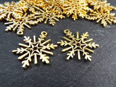 Gold Snowflake Pendant, Snowflake Charms,  Winter Charm, Christmas, Holidays, 22k Matte Gold Plated Brass , 2pc