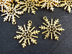 Gold Snowflake Pendant, Snowflake Charms,  Winter Charm, Christmas, Holidays, 22k Matte Gold Plated Brass , 2pc