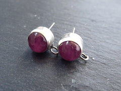 Pink Stone Earring Posts, Jade Gemstone Stud Earrings, Ear Post, Earring Component, Matte Silver Plated, 1 Pair