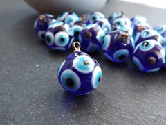 Glass Evil Eye Charm Pendant, Cobalt Blue Round Ball Evil Eye, Lampwork Murano, Amulet, Protective, Lucky, Handmade, 1pc