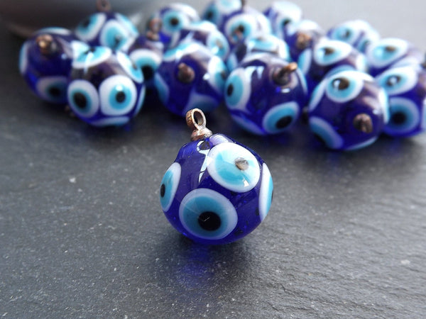 Glass Evil Eye Charm Pendant, Cobalt Blue Round Ball Evil Eye, Lampwork Murano, Amulet, Protective, Lucky, Handmade, 1pc