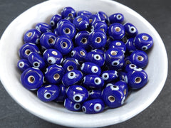 Navy Blue Evil Eye Lampwork Beads, Round Rondelle Evil Eye, Protective Turkish Nazar Amulet Talisman, Good Luck, 10x5mm 5pc