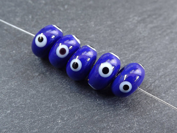 Navy Blue Evil Eye Lampwork Beads, Round Rondelle Evil Eye, Protective Turkish Nazar Amulet Talisman, Good Luck