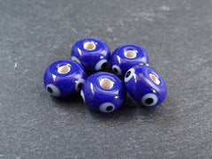 Navy Blue Evil Eye Lampwork Beads, Round Rondelle Evil Eye, Protective Turkish Nazar Amulet Talisman, Good Luck, 10x5mm 5pc