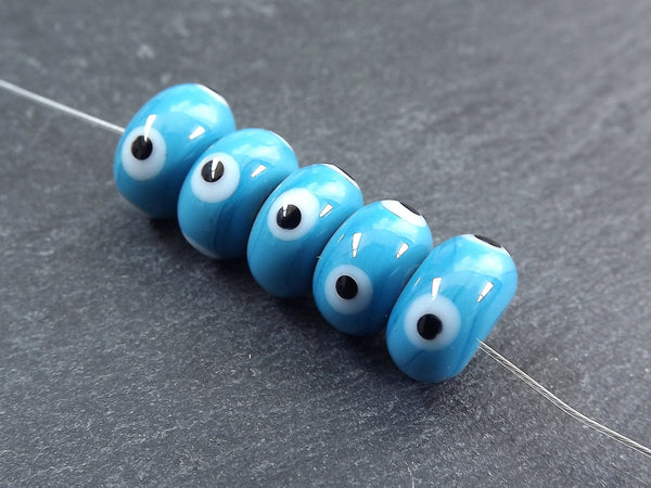 Turquoise Blue Evil Eye Lampwork Beads, Round Rondelle Evil Eye, Protective Turkish Nazar Amulet Talisman, Good Luck