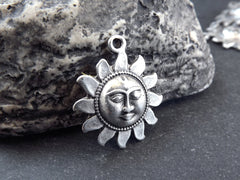 Sun Face Pendant Charm, Surya Pendant, Sunshine Pendant, Sun God Pendant, Lord Surya, Hindu Symbolism, Matte Antique Silver Plated, 2pc