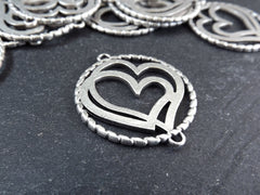 Silver Heart Pendant, Double Heart Pendant, Round Cut Out Connector, Matte Antique Silver Plated, 2pc