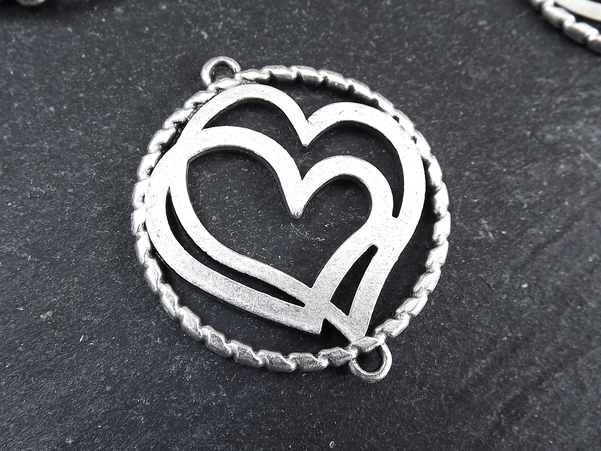 Silver Heart Pendant, Double Heart Pendant, Round Cut Out Connector, Matte Antique Silver Plated, 2PC