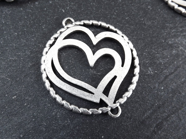 Silver Heart Pendant, Double Heart Pendant, Round Cut Out Connector, Matte Antique Silver Plated, 2pc