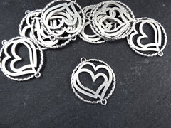 Silver Heart Pendant, Double Heart Pendant, Round Cut Out Connector, Matte Antique Silver Plated, 2pc