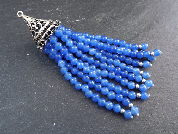 Blue Beaded Tassel Pendant, Necklace Tassel, Mala Tassel, Handbag Tassel, Jade Gemstone Tassel, Silver Cap, 1pc