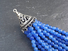 Blue Beaded Tassel Pendant, Necklace Tassel, Mala Tassel, Handbag Tassel, Jade Gemstone Tassel, Silver Cap, 1pc