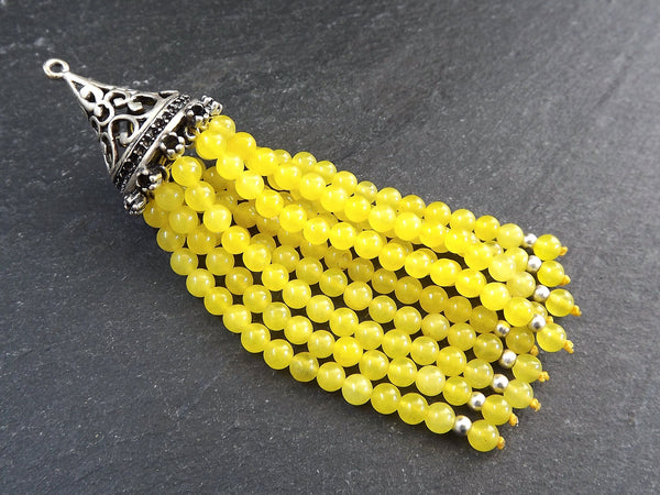 Yellow Gemstone Beaded Tassel Pendant, Necklace Tassel, Mala Tassel, Handbag Tassel, Jade Tassel, Silver Cap, 1pc