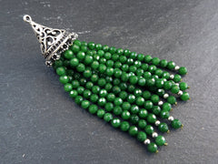 Green Tassel Pendant, Green Beaded Tassel, Necklace Tassel, Mala Tassel, Handbag Tassel, Jade Gemstone Tassel, Silver Cap, 1pc