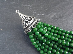 Green Tassel Pendant, Green Beaded Tassel, Necklace Tassel, Mala Tassel, Handbag Tassel, Jade Gemstone Tassel, Silver Cap, 1pc