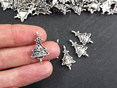 Christmas Tree Charms, Small Christmas Tree Holiday Pendant Connectors, Non Tarnish, Matte Antique Silver Plated, 6pc