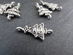 Christmas Tree Charms, Small Christmas Tree Holiday Pendant Connectors, Non Tarnish, Matte Antique Silver Plated, 6pc