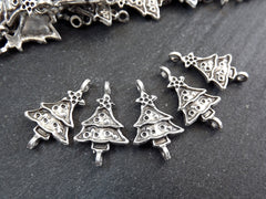 Christmas Tree Charms, Small Christmas Tree Holiday Pendant Connectors, Non Tarnish, Matte Antique Silver Plated, 6pc