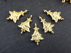 Christmas Tree Charms, Small Christmas Tree Holiday Pendant Connectors, Non Tarnish, 22k Matte Gold Plated, 6pc