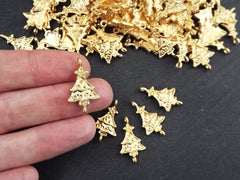 Christmas Tree Charms, Small Christmas Tree Holiday Pendant Connectors, Non Tarnish, 22k Matte Gold Plated, 6pc