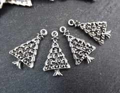 Christmas Tree Charms, Small Christmas Tree Holiday Pendant, Non Tarnish, Matte Antique Silver Plated, 4pc