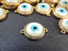 Evil Eye Charm Bracelet Connector, White Round Eye Pendant, Protective Talisman, Rhinestone Pave, Shiny 22k Gold Plated, 1PC