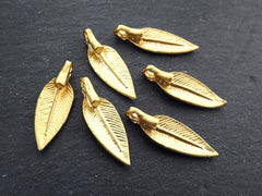 Leaf Charm Pendants, Slim Leaf, Side Facing Loop, Gold Leaves, Bracelet Charms, Small Necklace Pendant, 22k Matte Gold Plated Brass, 6pc