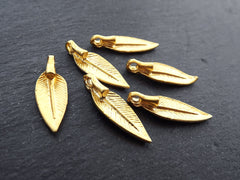 Leaf Charm Pendants, Slim Leaf, Side Facing Loop, Gold Leaves, Bracelet Charms, Small Necklace Pendant, 22k Matte Gold Plated Brass, 6pc