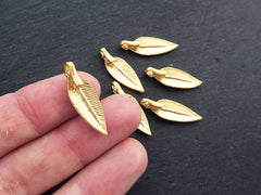 Leaf Charm Pendants, Slim Leaf, Side Facing Loop, Gold Leaves, Bracelet Charms, Small Necklace Pendant, 22k Matte Gold Plated Brass, 6pc