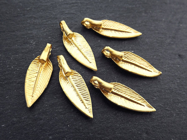 Leaf Charm Pendants, Slim Leaf, Side Facing Loop, Gold Leaves, Bracelet Charms, Small Necklace Pendant, 22k Matte Gold Plated Brass, 6pc