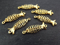 Skeleton Fish Charm Connectors, Fish Bones, Bracelet Connector, Brass Charm, 22k Matte Gold Plated, 6pc