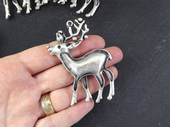 Reindeer Pendant, Reindeer Ornament, Silver Reindeer, Stag Pendant, Christmas Pendant Charm. Holiday Pendant, Matte Antique Silver, 1pc