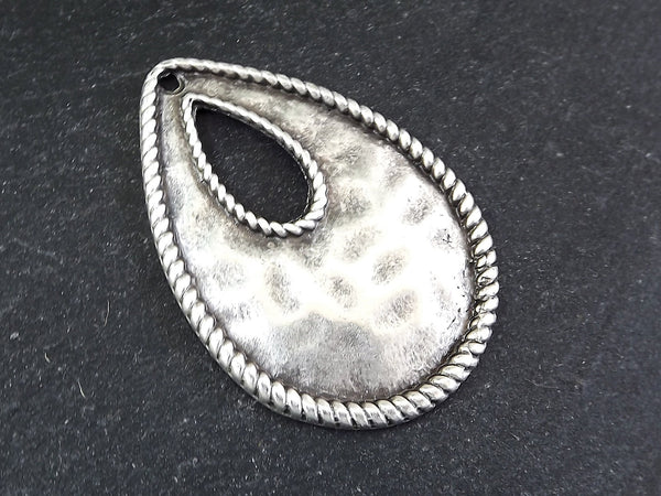 Large Drop Pendant, Teardrop Pendant, Hammered Pendant, Hollow Teardrop, Silver Teardrop Dangle, Focal Pendant, Matte Antique Silver, 1pc