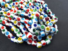 White Evil Eye Beads, Rainbow Colorful Glass Eye Beads, Chunky Rondelle, Rustic Traditional Turkish Artisan Handmade, Lucky Protective Nazar