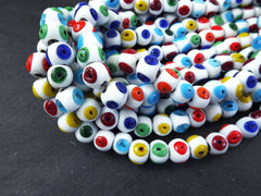 White Evil Eye Beads, Rainbow Colorful Glass Eye Beads, Chunky Rondelle, Rustic Traditional Turkish Artisan Handmade, Lucky Protective Nazar