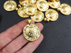 Zodiac Horoscope Pendant, Sun Moon Pendant, Gold Constellation Charm, Disc Pendant, Coin Pendant, 22k Matte Gold Plated, 1pc