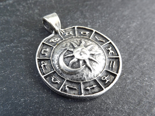 Zodiac Horoscope Pendant, Sun Moon Pendant, Silver Constellation Charm, Disc Pendant, Coin Pendant, Matte Antique SilverPlated, 1pc