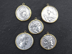 Greek Coin Pendant Gold Frame Bezel, Zeus Coin, Philip II Coin, Medallion Charm, Ancient Greek Coin, Shiny Gold, Antique Silver Plated No:17