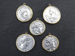 Greek Coin Pendant Gold Frame Bezel, Constantine Coin, Medallion Charm, Ancient Greek Coin, Shiny Gold, No:111 Antique Silver Plated