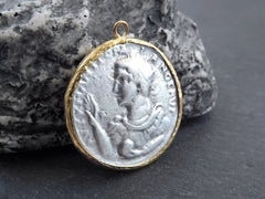 Greek Coin Pendant Gold Frame Bezel, Constantine Coin, Medallion Charm, Ancient Greek Coin, Shiny Gold, No:111 Antique Silver Plated