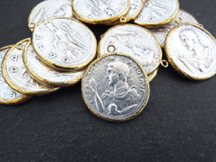 Greek Coin Pendant Gold Frame Bezel, Constantine Coin, Medallion Charm, Ancient Greek Coin, Shiny Gold, No:111 Antique Silver Plated