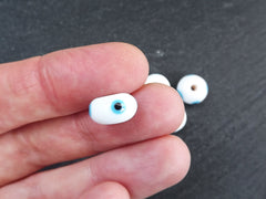 White Evil Eye Lampwork Beads, Round Rondelle Evil Eye, Protective Turkish Nazar Amulet Talisman, Good Luck, 10x6mm 5pc
