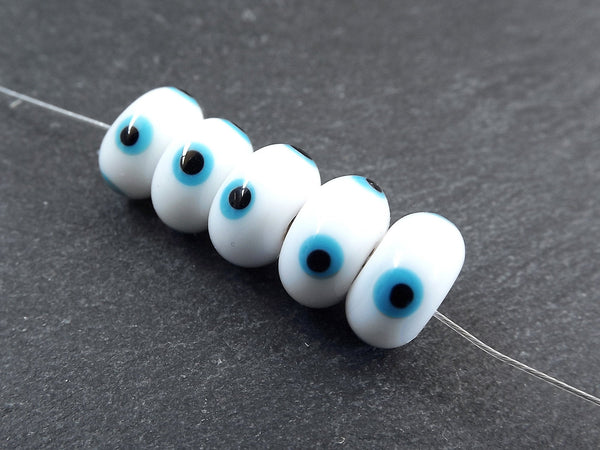 White Evil Eye Lampwork Beads, Round Rondelle Evil Eye, Protective Turkish Nazar Amulet Talisman, Good Luck
