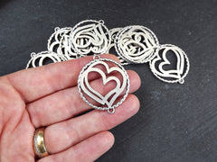 Silver Heart Pendant, Double Heart Pendant, Round Cut Out Connector, Matte Antique Silver Plated, 2pc