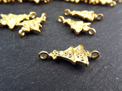 Christmas Tree Charms, Small Christmas Tree Holiday Pendant Connectors, Non Tarnish, 22k Matte Gold Plated, 6pc