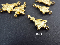 Christmas Tree Charms, Small Christmas Tree Holiday Pendant Connectors, Non Tarnish, 22k Matte Gold Plated, 6pc