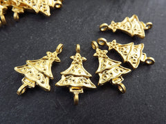 Christmas Tree Charms, Small Christmas Tree Holiday Pendant Connectors, Non Tarnish, 22k Matte Gold Plated, 6pc